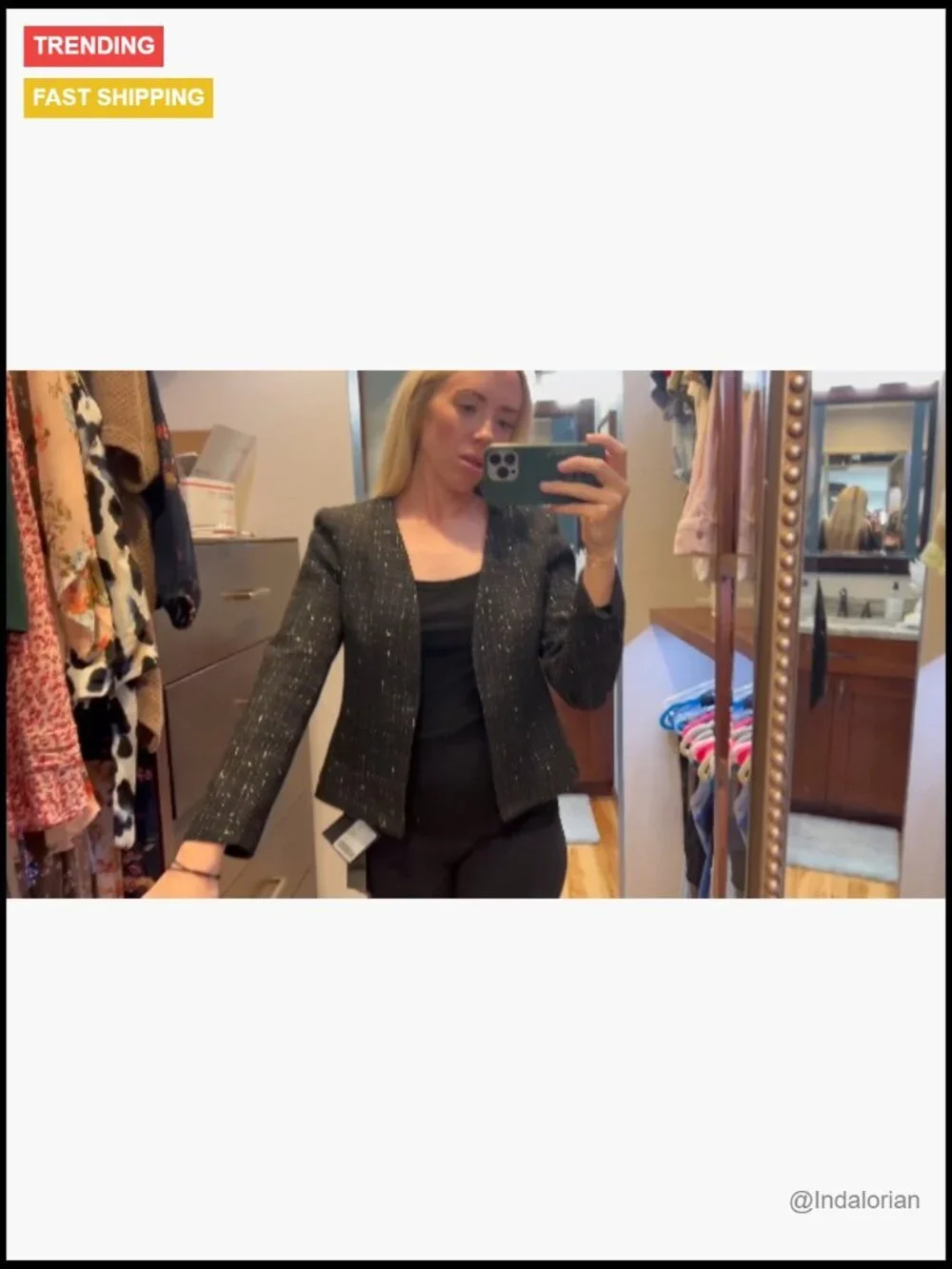 Tweed Blazer Jacket Collarless Open Front Slim Fit Work Casual